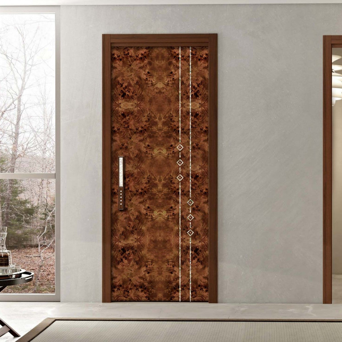 Two interior doors with a brown and bronze ornate mother of pearl patterned design, shown installed in a modern room with one closed and one open door.