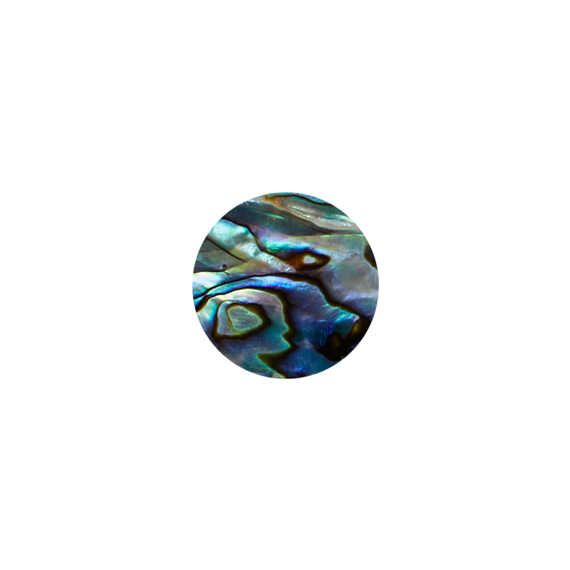 Paua shell veneer circle featuring iridescent blue-green and tan marbling