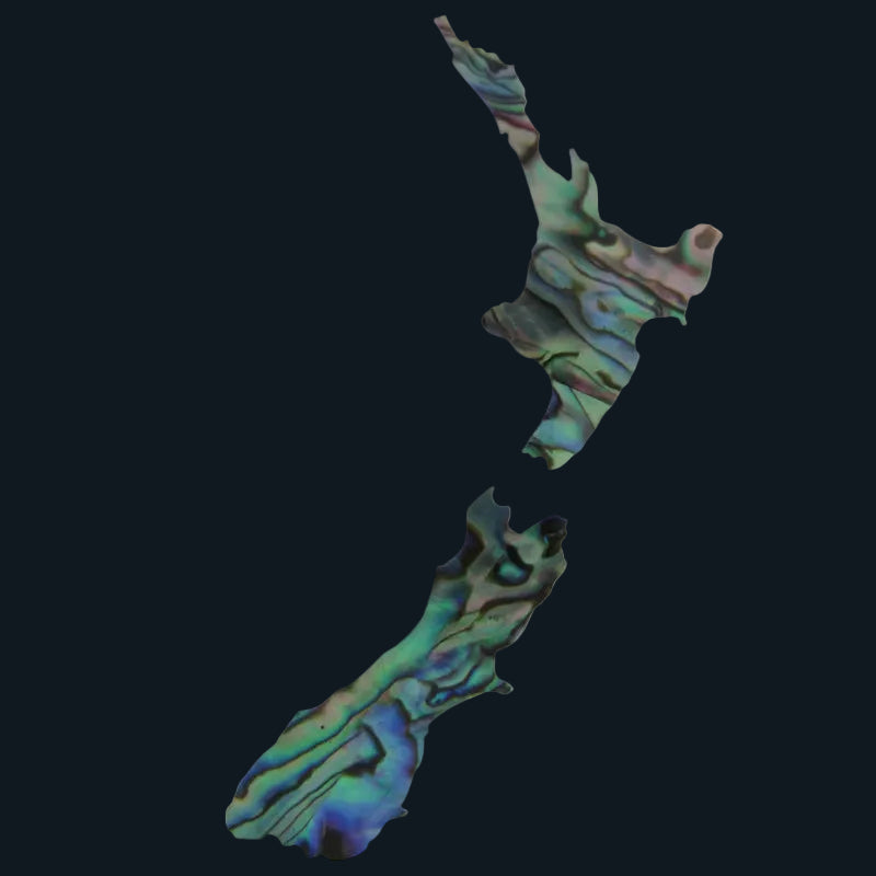 ZSPNZ - GLOSS PAUA VENEER SHAPE - NZ MAP - OCEAN SHELL STUDIOS