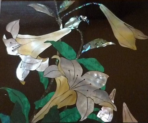 White Mother Of Pearl, Paua, and Black Mother Of Pearl Veneers used in Liliy flower art work