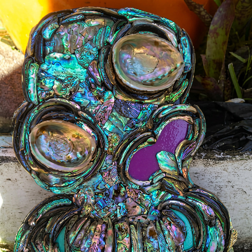 A decorative tiki object crafted from iridescent abalone shell with large circular eye sockets and purple accents, photographed outdoors against a white wall and orange background.