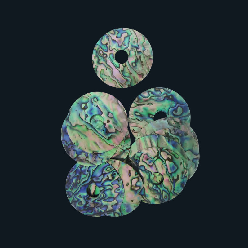 BPCCCGT55 - 55mm (12pcs) PAUA - CIRCLE CENTERED HOLE - NATURAL CURVE, GROUND BACK, TUMBLED POLISHED - OCEAN SHELL STUDIOS