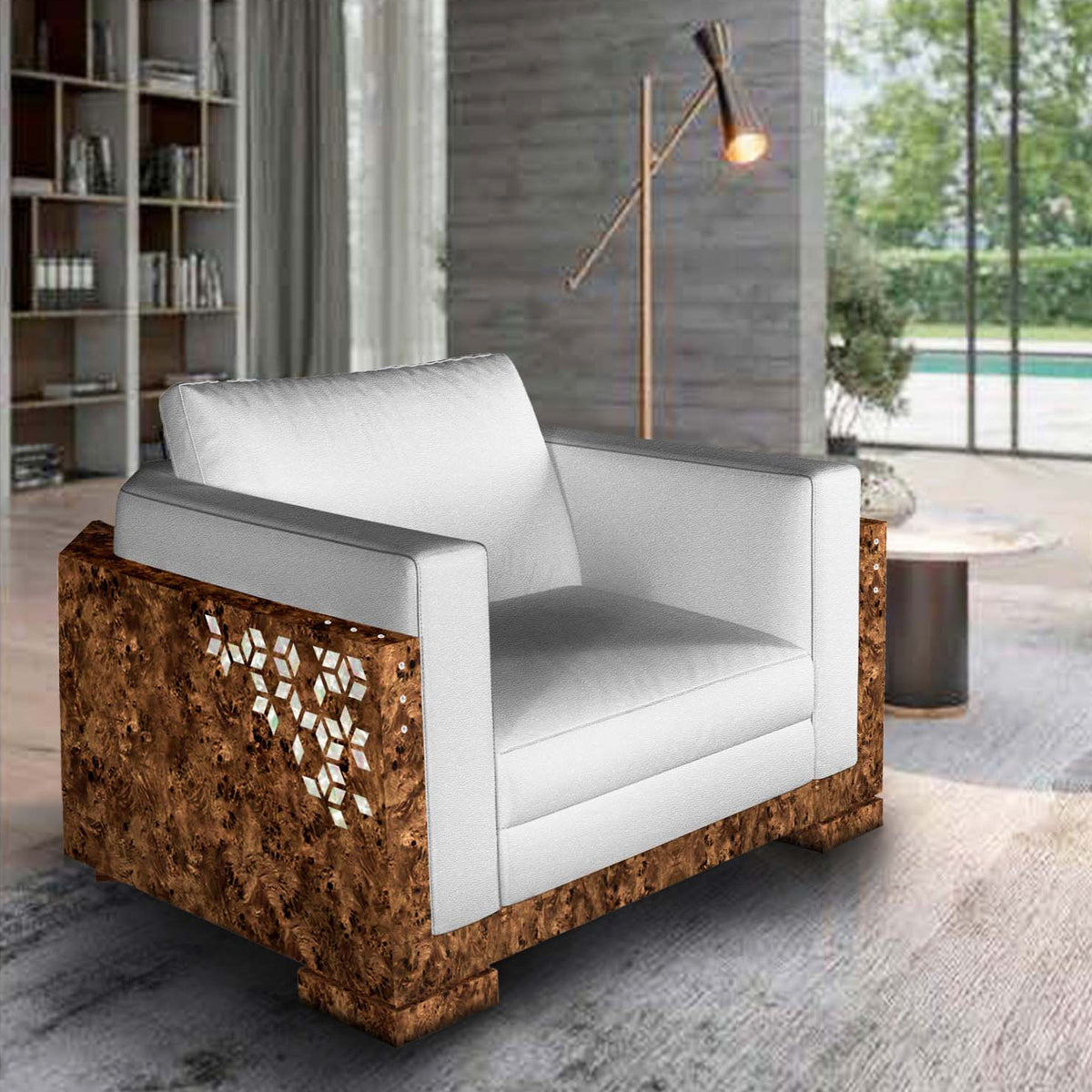 A modern armchair with white leather upholstery and a brown wooden frame inlaid with mother of pearl, shown in a contemporary living room setting.