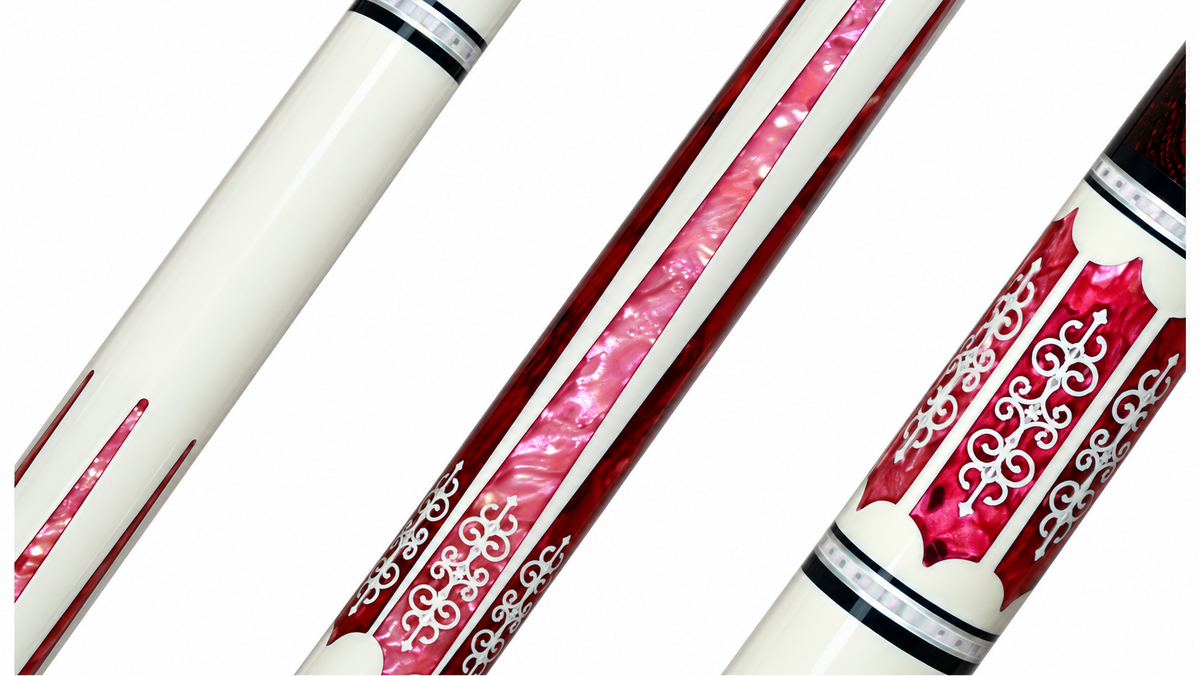 Close-up of a decorative pool cue shaft showing glossy white sections, pink mother-of-pearl inlay, and red scrollwork patterns on a white background.