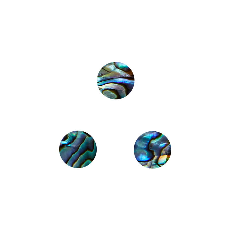 Three Paua shell veneer circles with iridescent blue, teal, and gold tones