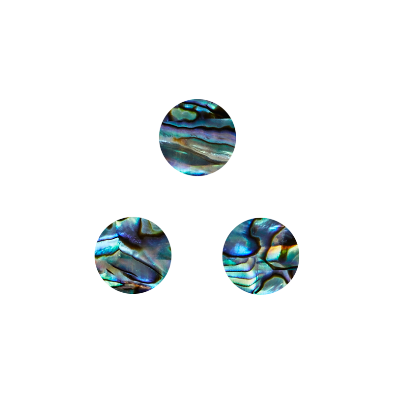 Three Paua shell veneer circles with glossy blue-green iridescent swirls