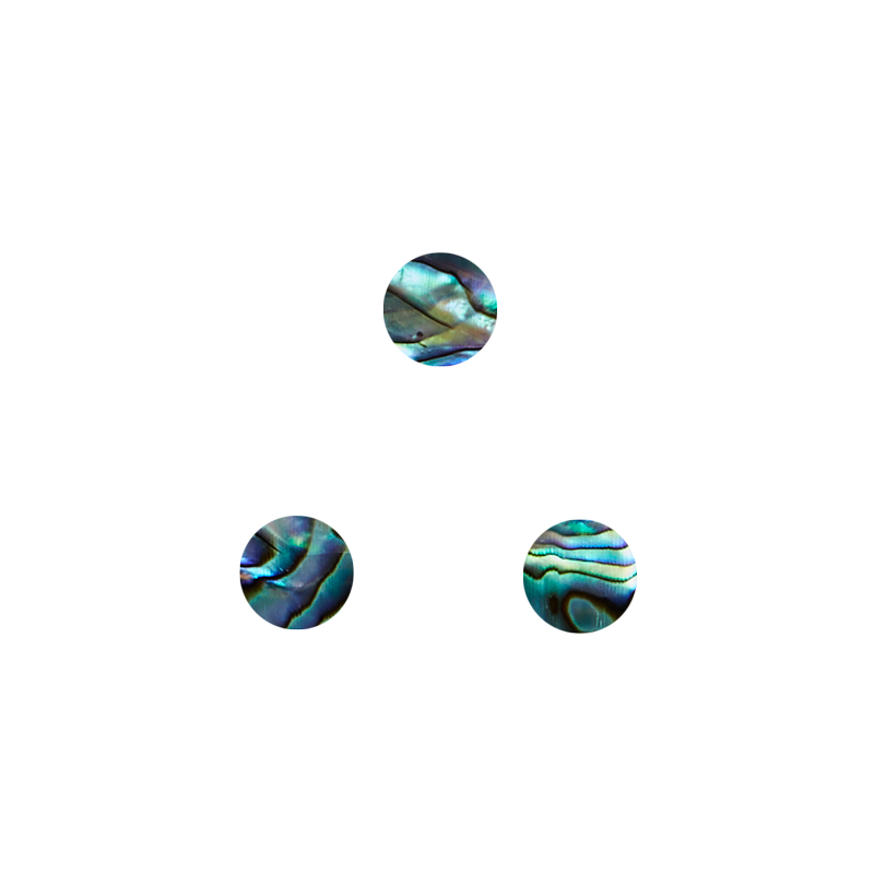 Three Paua shell veneer circles with wavy blue-green iridescent stripes